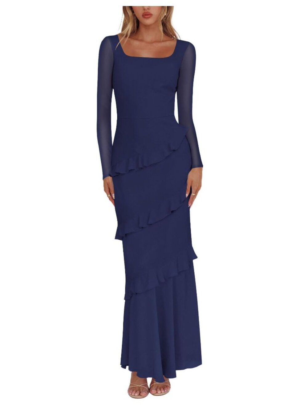 Nova "L" Sky Elegant  Long Sleeve Mesh Ruffle Bodycon Maxi Dress Navy Blue